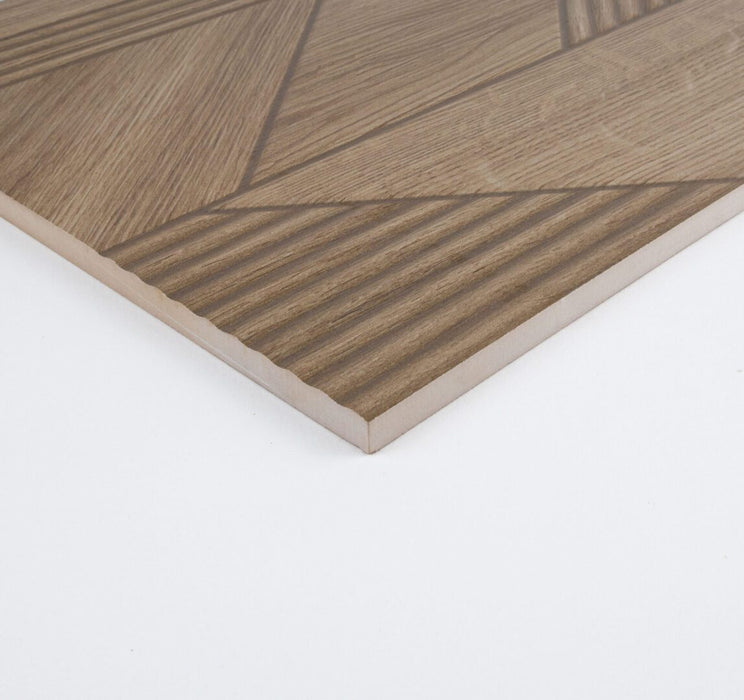 Lungarno - New Dimensions 12" x 36" 3D Ceramic Wall Tile - Dark Oak Chevron Corner