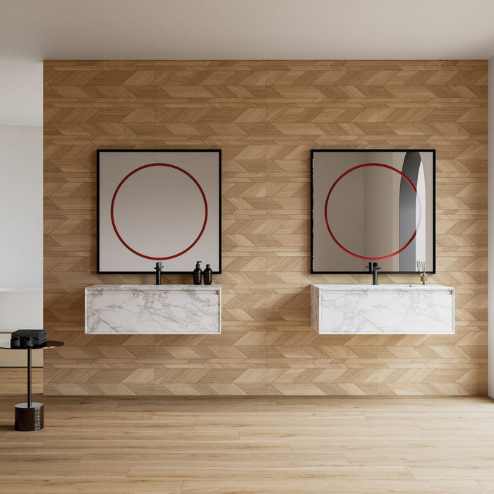 Lungarno - New Dimensions 12" x 36" 3D Ceramic Wall Tile - Dark Oak Chevron Room Scene