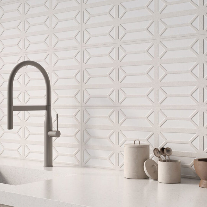 Lungarno - New Dimensions 12" x 36" 3D Ceramic Wall Tile - Ivory Bevel Corner Back Side Room Scene