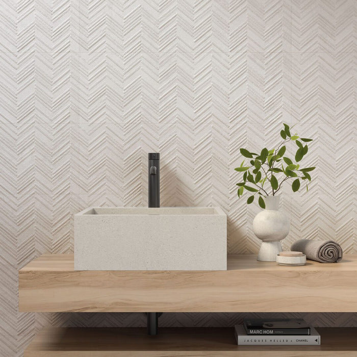 Lungarno - New Dimensions 12" x 36" 3D Ceramic Wall Tile - Ivory Herringbone room Scene
