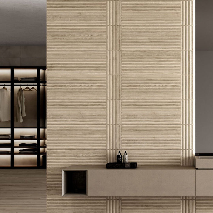 Lungarno - New Dimensions 12" x 36" 3D Ceramic Wall Tile - Light Oak Linear room Scene