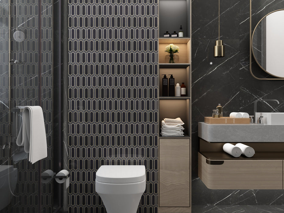 DW Tile & Stone - Aura - Nero Marquina Marble Picket with Brass Polished Mosaic Installed