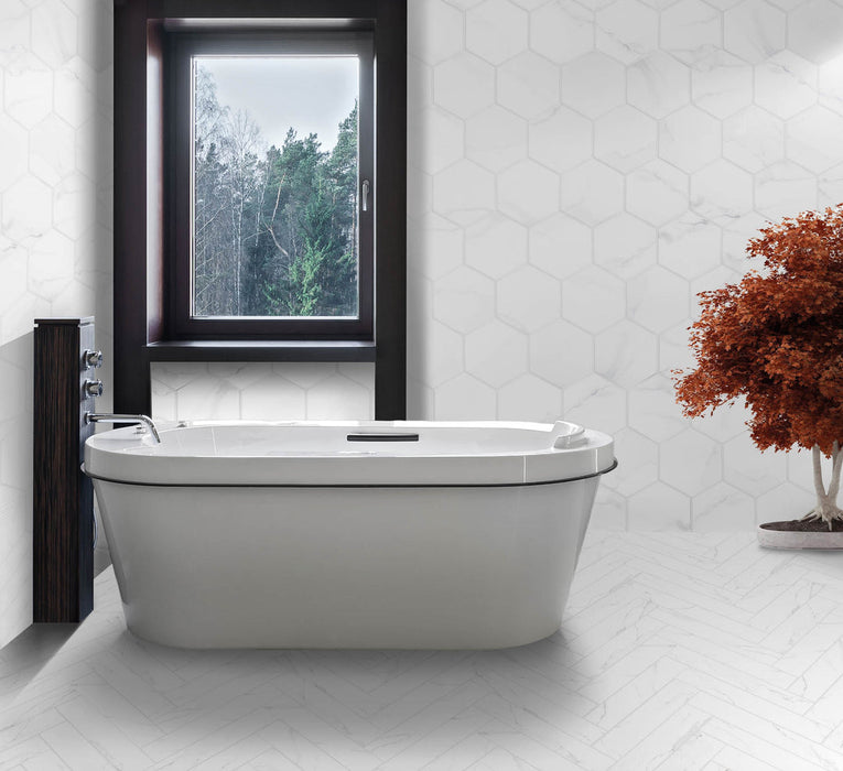 Bellagio - Bismarck Palmer Collection - 8" x 9" Porcelain Hex Tile - Oley Finesse wall installation