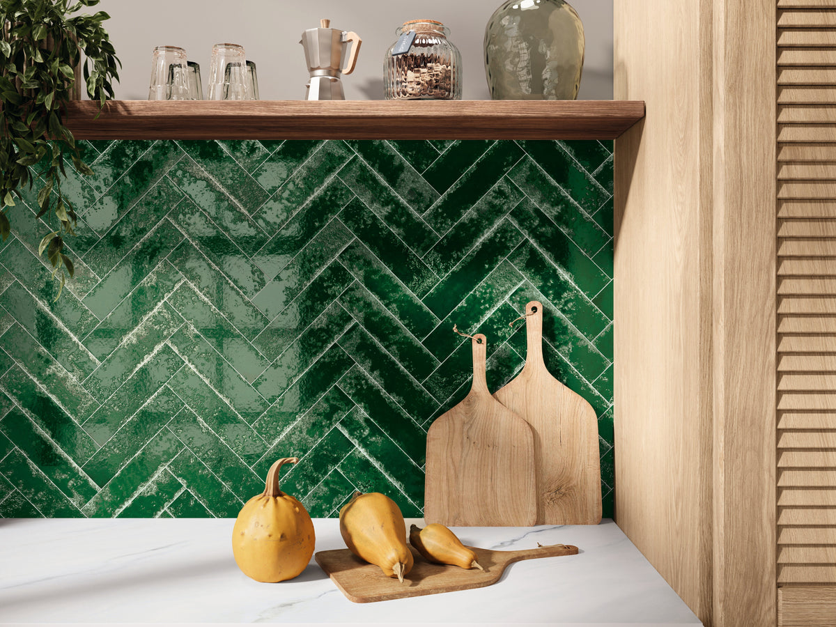 Tesoro Collection - Pukka Series - 3  in. x 10 in. Ceramic Wall Tile - Basil Green wall installation