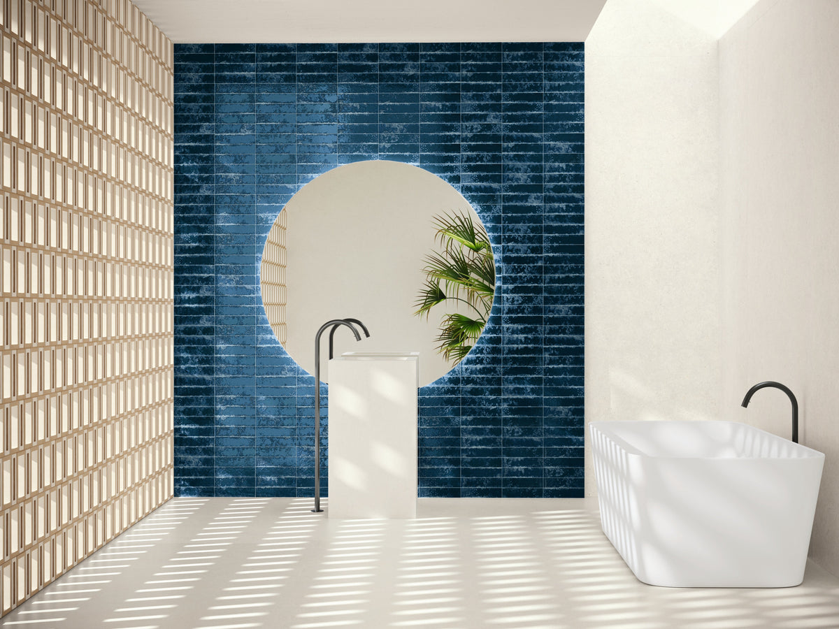 Tesoro Collection - Pukka Series - 3  in. x 10 in. Ceramic Wall Tile - Prussian Blue wall installation