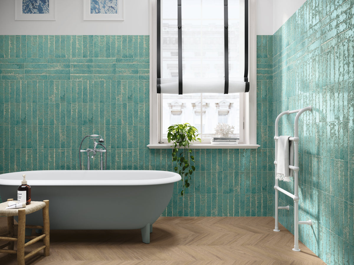 Tesoro Collection - Pukka Series - 3  in. x 10 in. Ceramic Wall Tile - Teal Blue wall installation