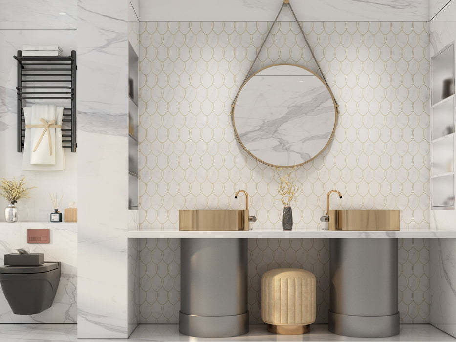 DW Tile & Stone - Reina - Bianco Bello Marble with Brass Polished Waterjet Mosaic Installed
