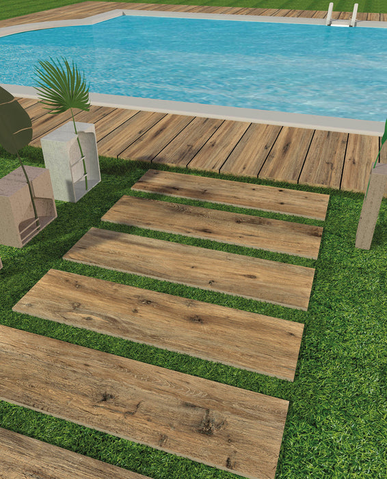 Moma Ceramiche - Chalet - 8" x 48" Wood Look Porcelain Tile - Brown Anti-Slip Installe