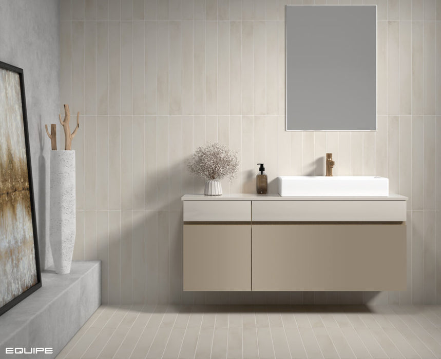 Equipe - Stonella Collection - 3 in. x 24 in. Tile - Bone floor and wall installation