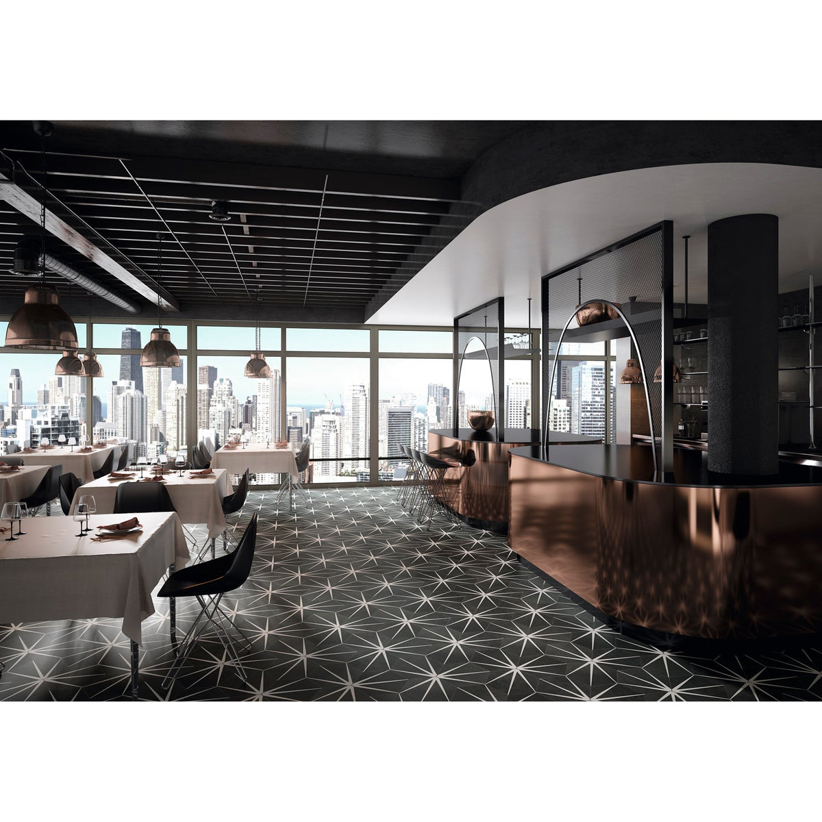 Soci Tile - Starline Hexagon 10&quot; x 11.5&quot; Porcelain Tile - Black Room Scene