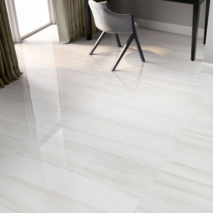 Arizona Tile - Themar Series - 12" x 24" Rectified Polished Porcelain Tile - Bianco Lasa - Installed