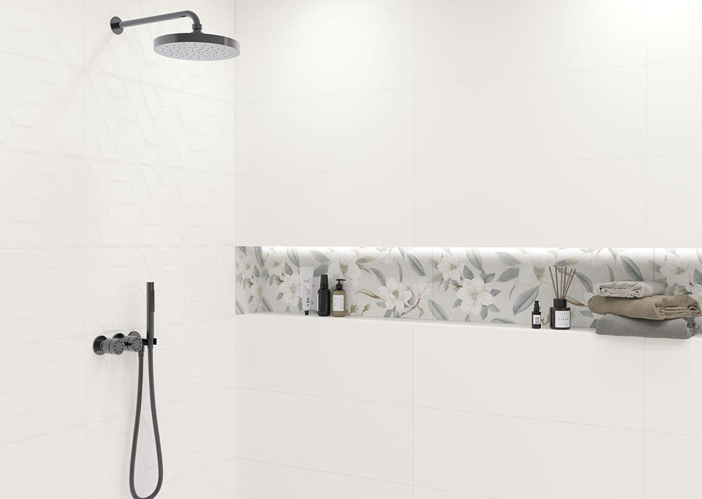 Tamiami - Toscana 12" x 35" Rectified White Body Wall Tile - Flower Deco Green shower wall installation