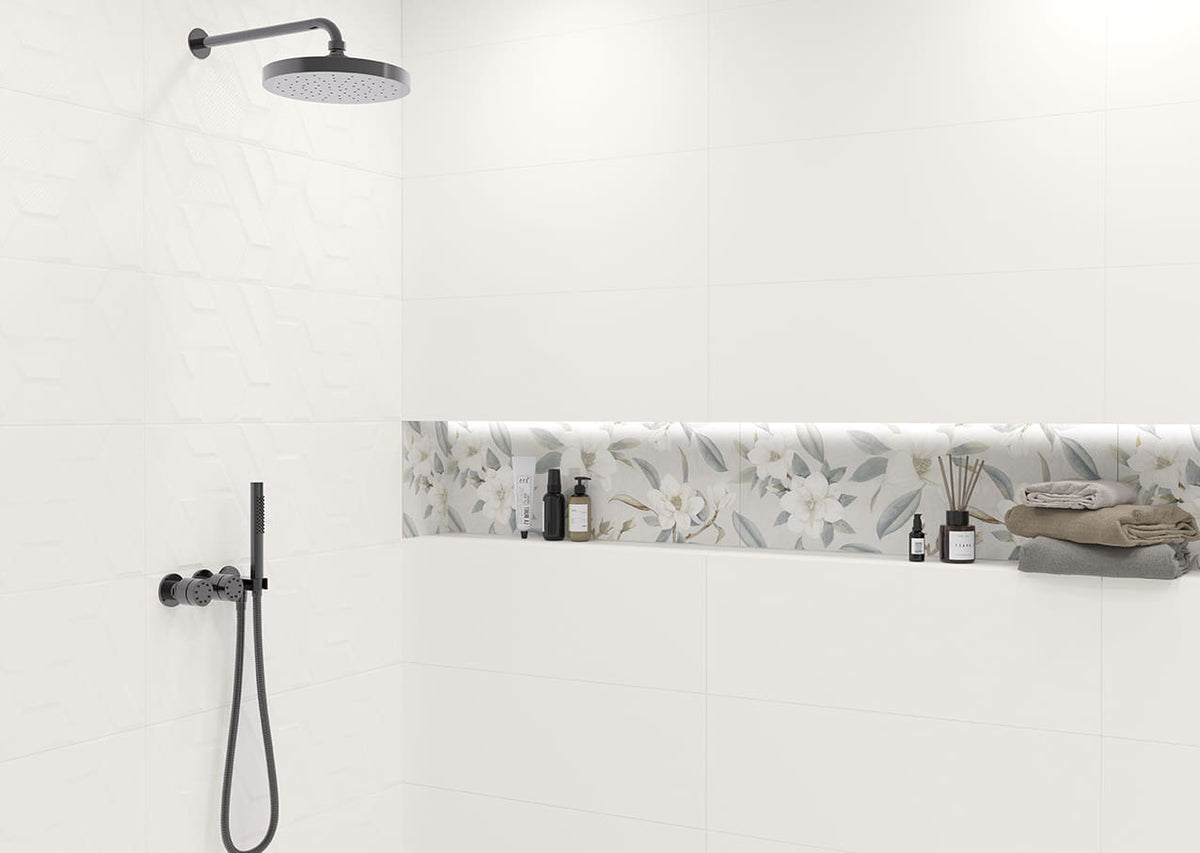 Tamiami - Toscana 12&quot; x 35&quot; Rectified White Body Wall Tile - Arlequin Deco Grey wall installation