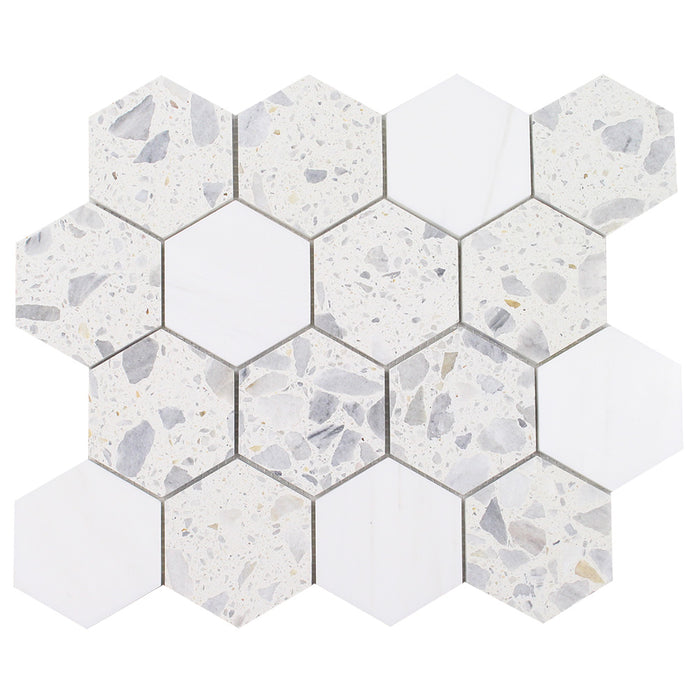 Tesoro - Venice Series - 3 in. Stone Mosaic - Hexagon Blue Terrazzo and Dolomite