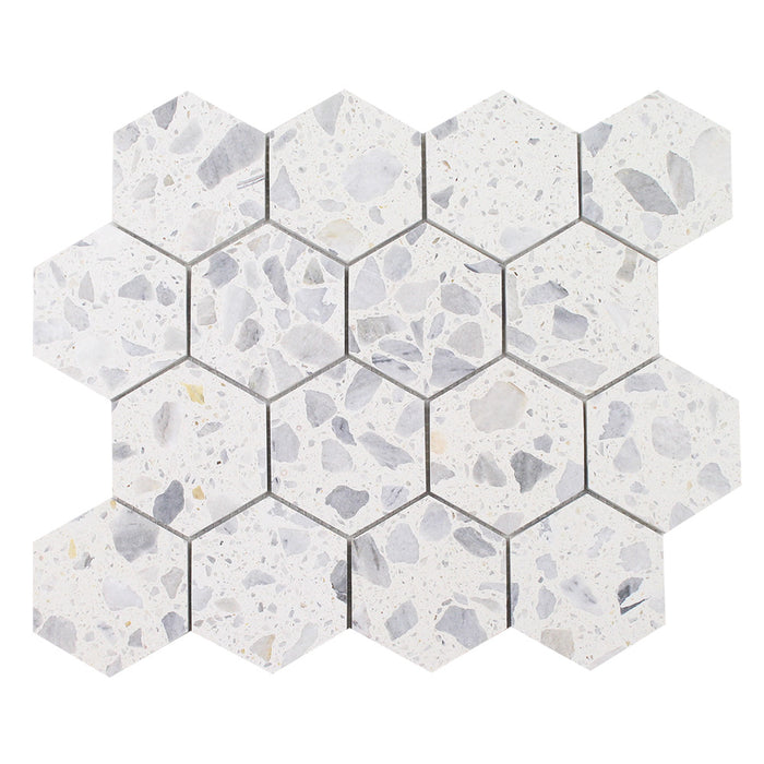 Tesoro - Venice Series - 3 in. Stone Mosaic - Hexagon Blue Terrazzo