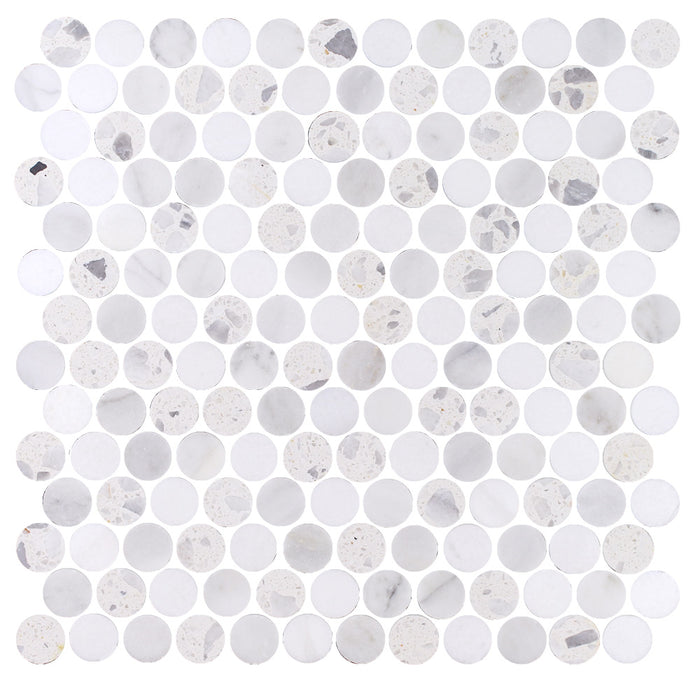 Tesoro - Venice Series - 11 in. x 11 in. Stone Mosaic - Penny Blue Terrazzo, Thassos and Carrara