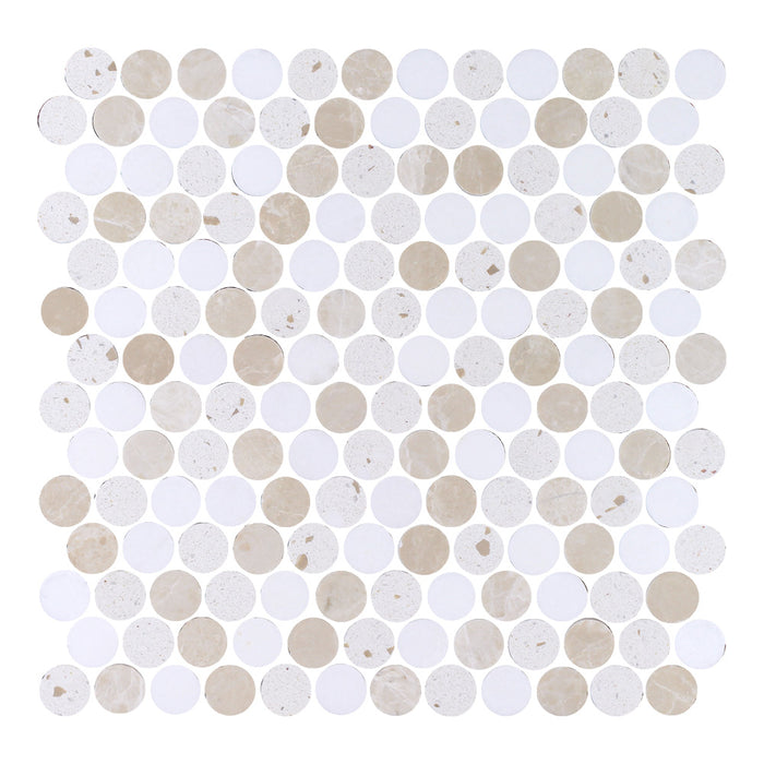 Tesoro - Venice Series - 11 in. x 11 in. Stone Mosaic - Penny Sand Terrazzo, Thassos and Botticino