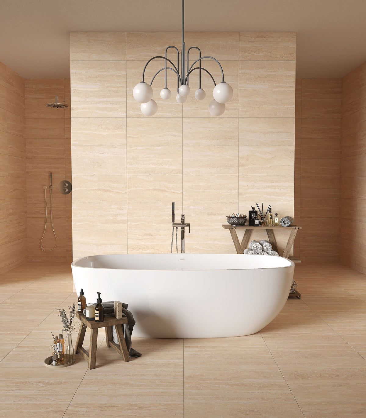 Floors 2000 - Travertino Roma 12 in. x 24 in. Polished Porcelain Tile - Sand floor and wall installation