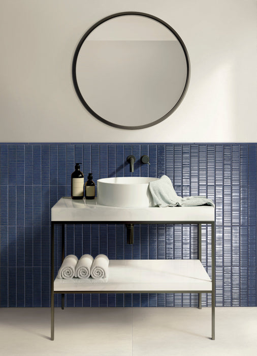 Tesoro - Vibrant Series .5" x 9" Porcelain Quarter Round Tile Trim - Blu wall installation