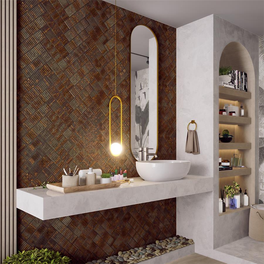 SomerTile - Joliet 3 in. x 12 in. Ceramic Wall Tile - Dark Amber wall installation