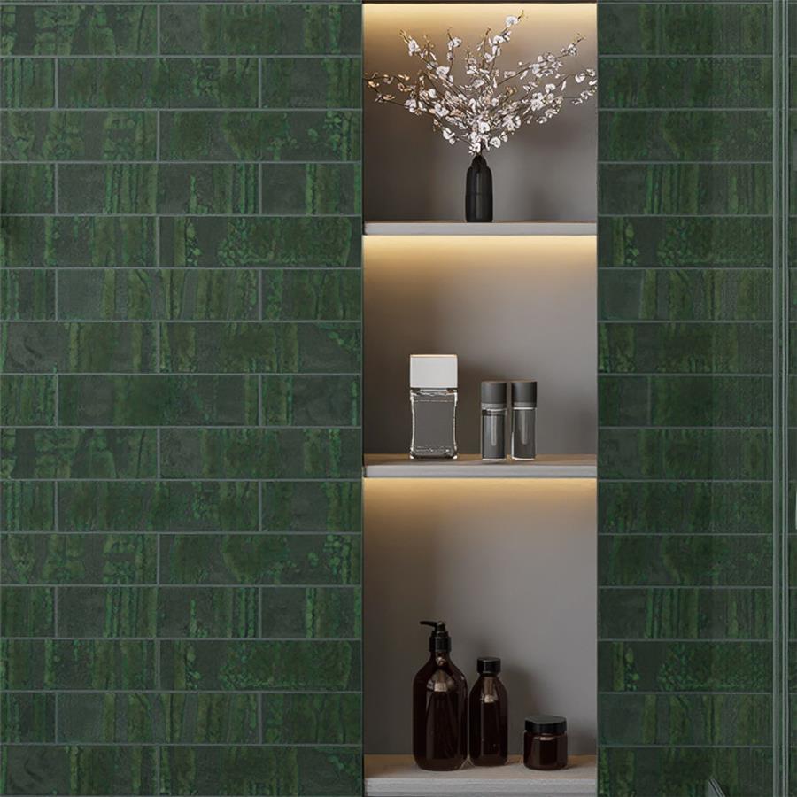 SomerTile - Joliet 3 in. x 12 in. Ceramic Wall Tile - Jade wall installation