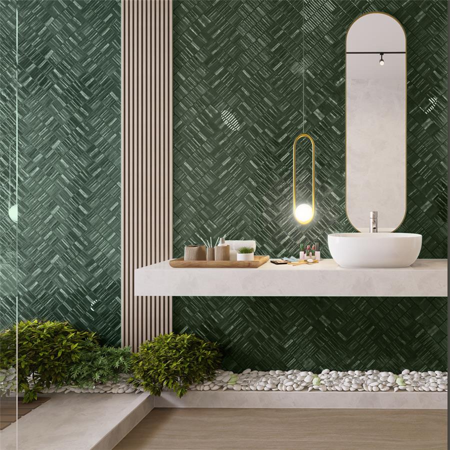 SomerTile - Joliet 3 in. x 12 in. Ceramic Wall Tile - Prisma Jade wall installation