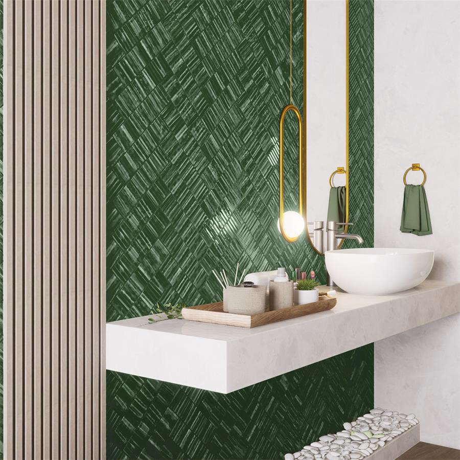 SomerTile - Joliet 3 in. x 12 in. Ceramic Wall Tile - Prisma Jade wall installation