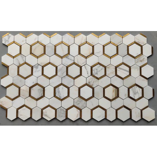 Calacatta Hexagon w/Brass Marble Polished 3" x 3" 3/8" Waterjet Mosaic