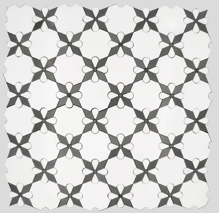 MM Tile and Stone - Thassos Black Rosettes Marble Polished Waterjet Mosaic Installed