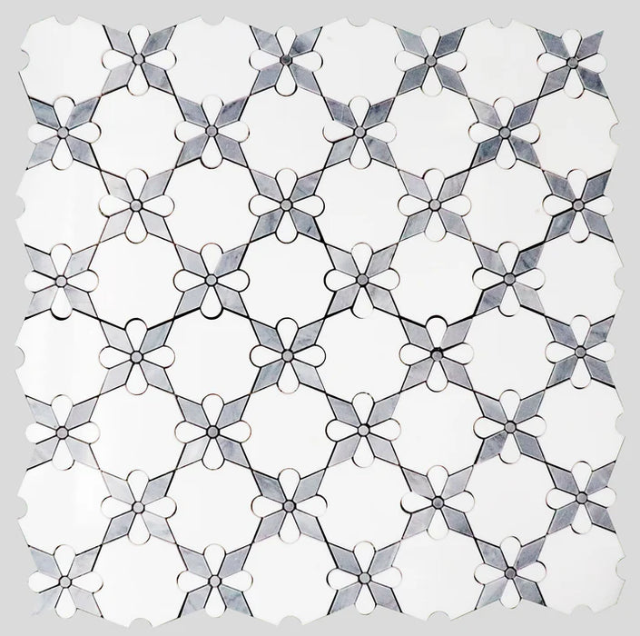MM Tile and Stone - Thassos Blue Rosettes Marble Polished Waterjet Mosaic Installed