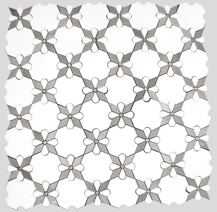 MM Tile and Stone - Thassos Grey Rosettes Marble Polished Waterjet Mosaic Installed