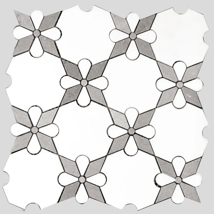 MM Tile and Stone - Thassos Grey Rosettes Marble Polished Waterjet Mosaic
