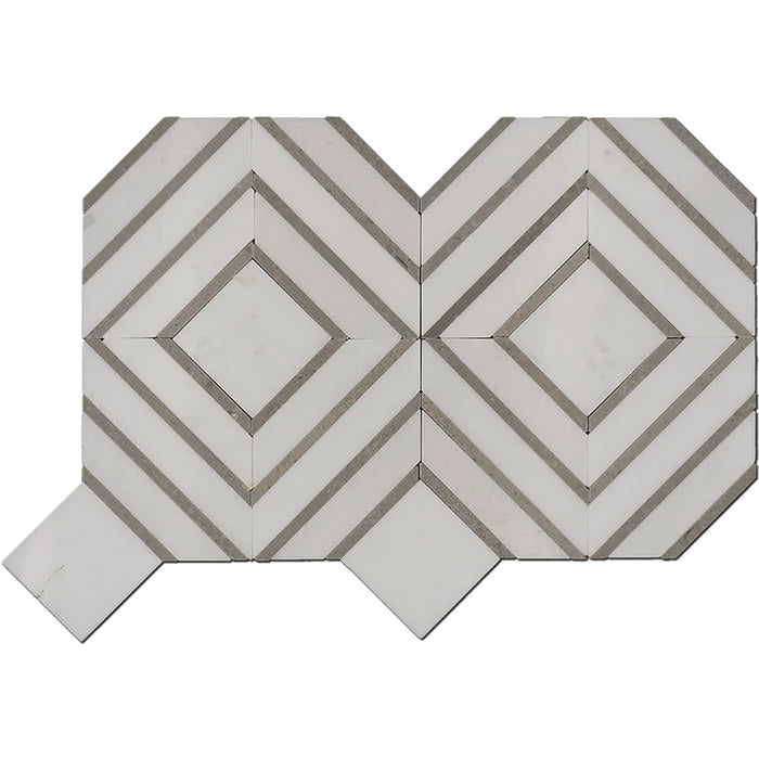 MM Tile and Stone - Thassos & Grey City Blocks Marble Polished Waterjet Mosaic