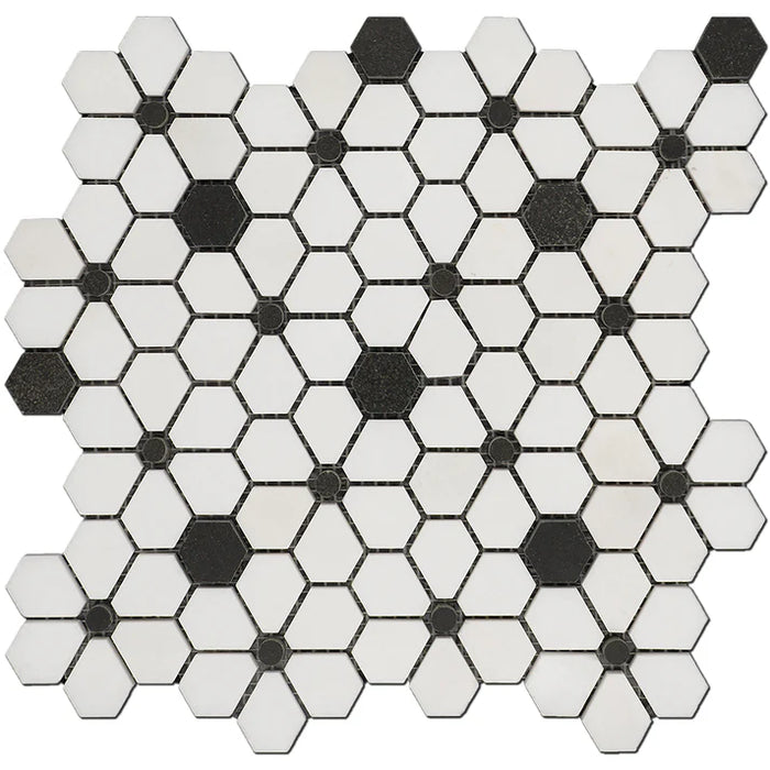 MM Tile and Stone - Thassos & Black Flower Field Marble Polished Waterjet Mosaic