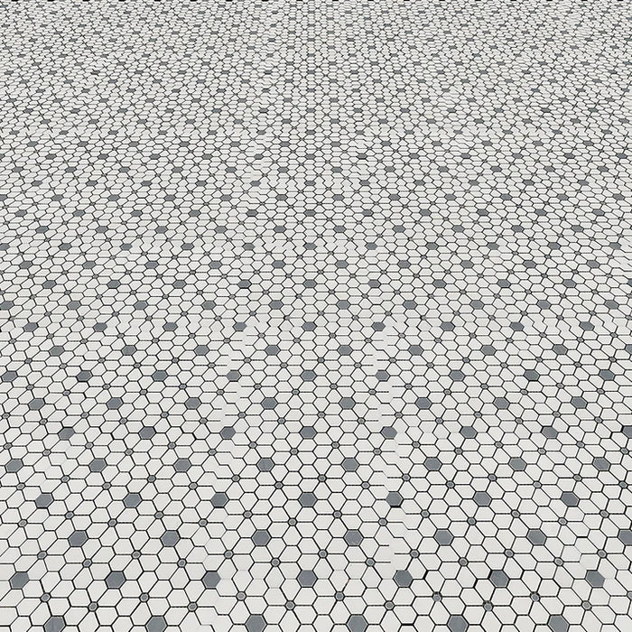 MM Tile and Stone - Thassos & Blue Flower Field Marble Polished Waterjet Mosaic Installed
