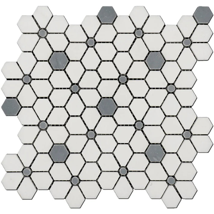 MM Tile and Stone - Thassos & Blue Flower Field Marble Polished Waterjet Mosaic