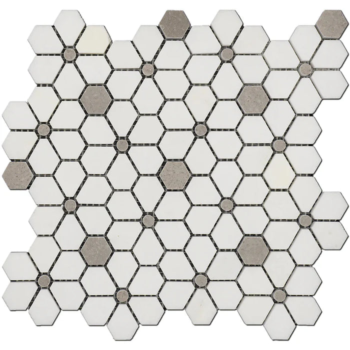 MM Tile and Stone - Thassos & Grey Flower Field Marble Polished Waterjet Mosaic