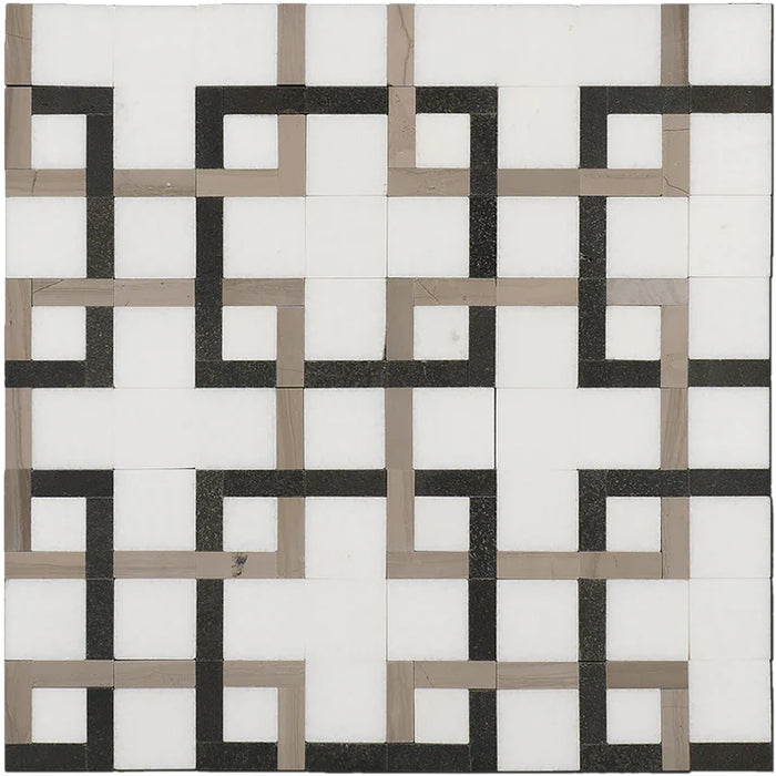 MM Tile and Stone - Thassos, Black & Grey Labyrinth Marble Polished Waterjet Mosaic