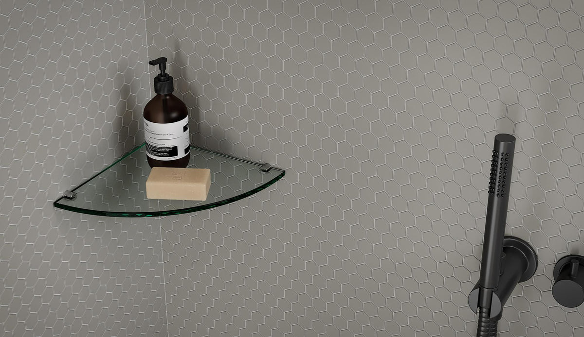 Tesoro Collection - Soho Series - 2 in. Hex Mosaic - Matte Halo Grey wall installation