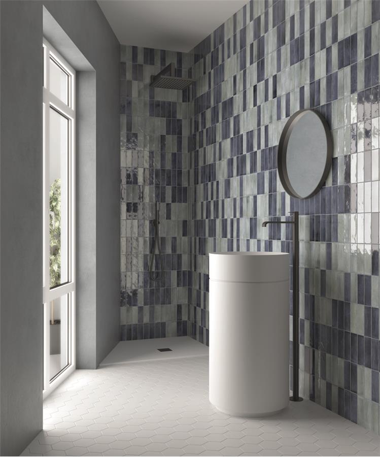 SomerTile - Coco 2 in. x 6 in. Glossy Porcelain Tile - Blue Grass wall installation