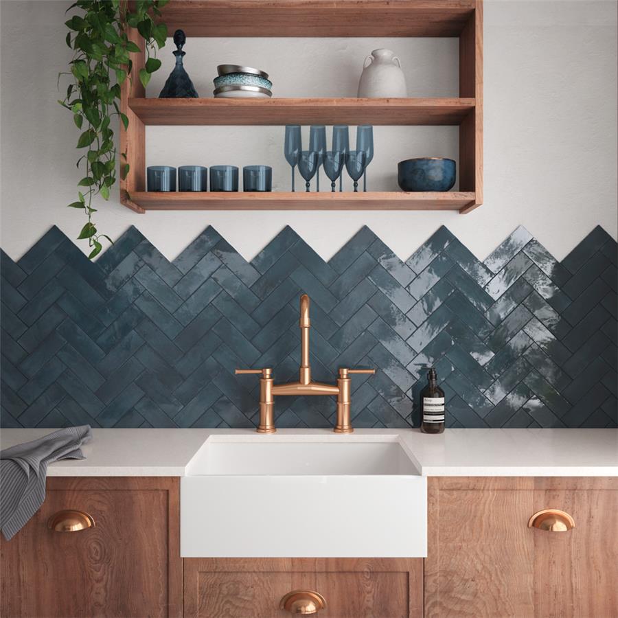 SomerTile - Coco 2 in. x 6 in. Glossy Porcelain Tile - Blue Night wall installation