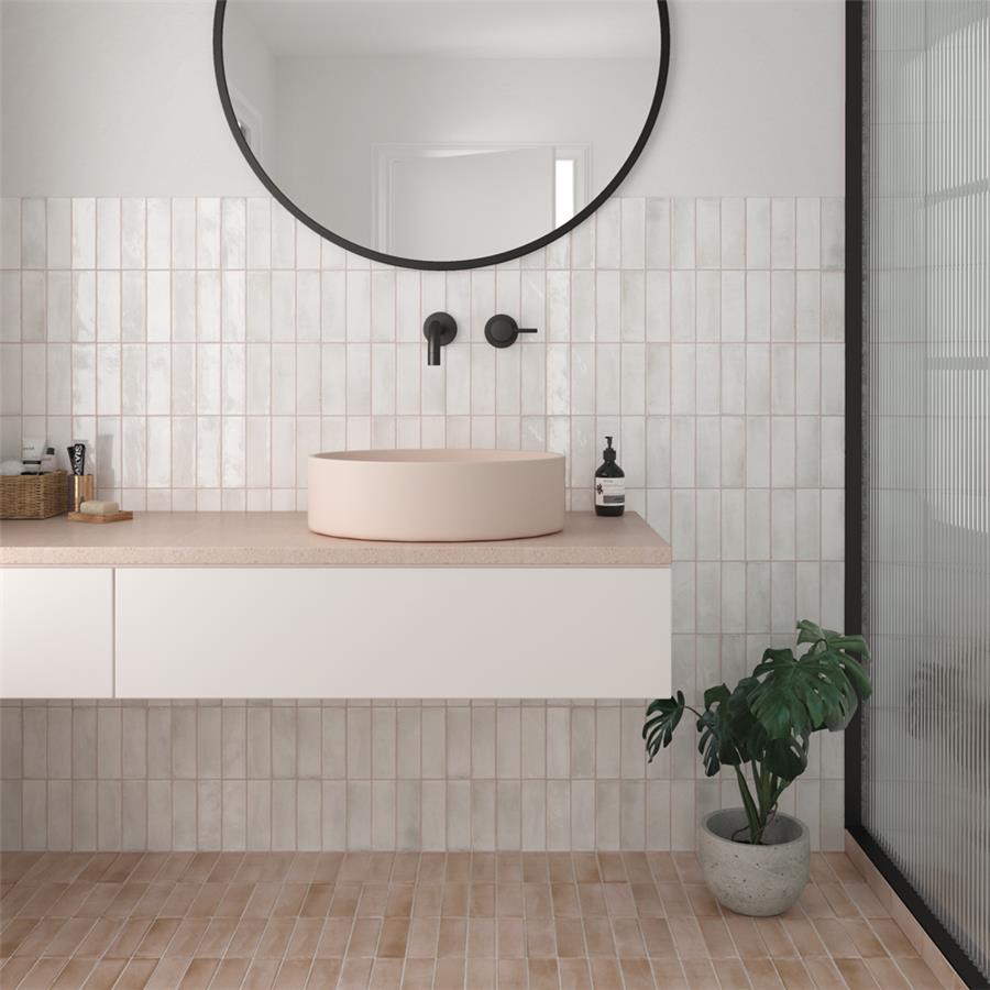 SomerTile - Coco 2 in. x 6 in. Glossy Porcelain Tile - Cloud White wall installation