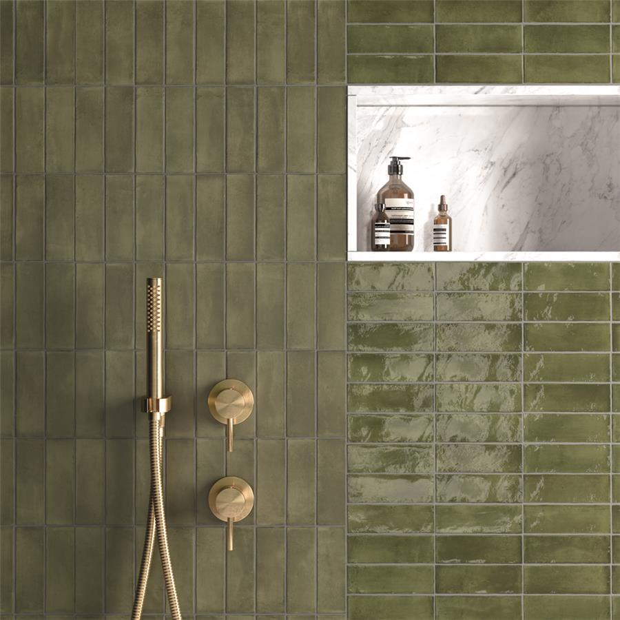 SomerTile - Coco 2 in. x 6 in. Glossy Porcelain Tile - Moss Verde wall installation