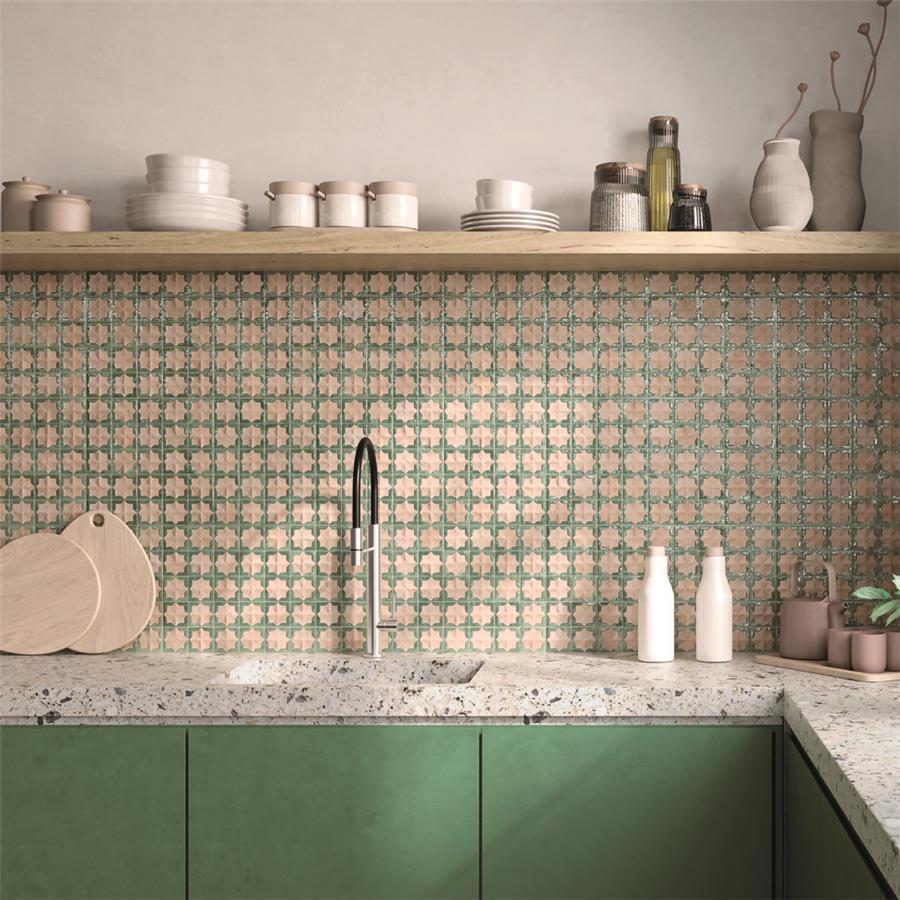 SomerTile - Tetuan Astre 12 in. x 22 in. Textured Porcelain Wall Tile - Cotto Emerald wall installation