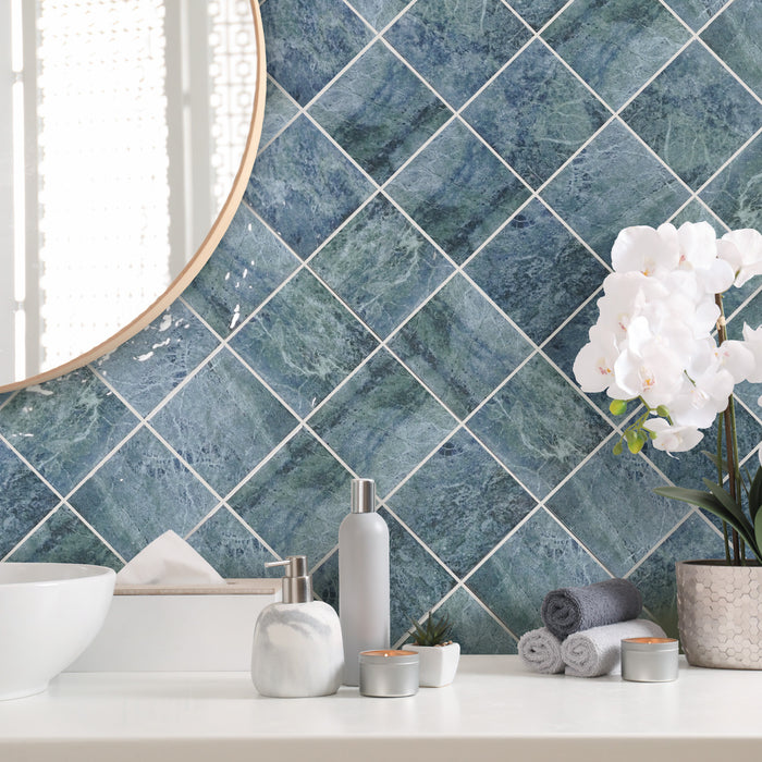 Tesoro - Waves II Series - 6 in. x 6 in. Porcelain Tile - Cobalt Bathroom Install