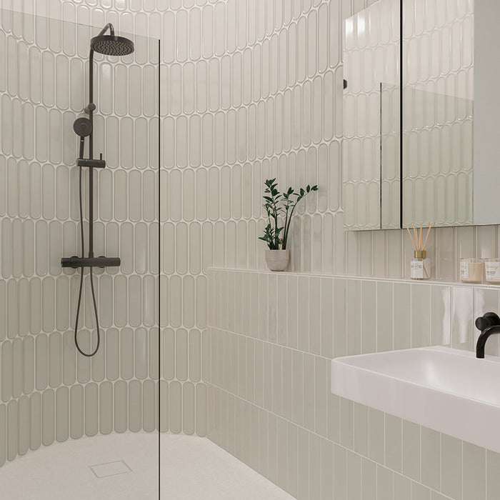 WOW - Aquarelle Collection - Aquarelle O - 3" x 12" - Ceramic Tile - Glossy - Greige Shower Install