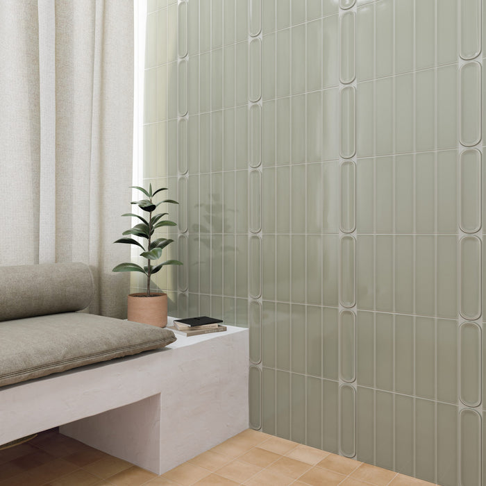 WOW - Aquarelle Collection - Aquarelle O - 3" x 12" - Ceramic Tile - Glossy - Mint Grey Wall Install