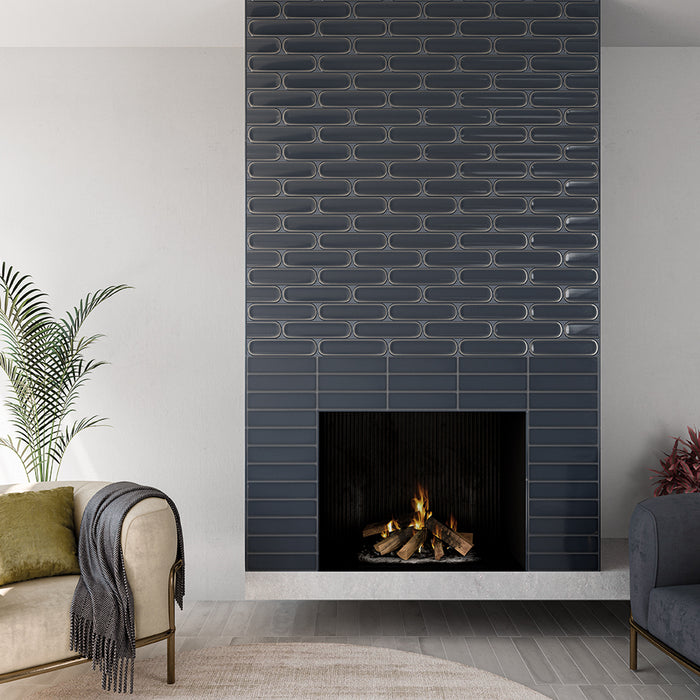 WOW - Aquarelle Collection - Aquarelle O - 3" x 12" - Ceramic Tile - Glossy - Titanium Blue Fireplace Install
