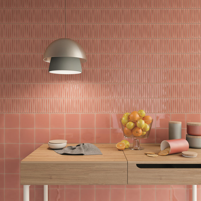 WOW - Sweet Bars 5 in. x 10 in. Glossy Ceramic Mosaic - Coral wall installation