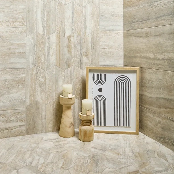 Arizona Tile - Invictus Vein Cut Chevron Polished Porcelain Mosaic - Beige wall installation